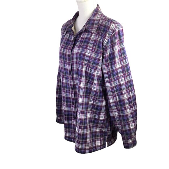 L.L. Bean Sherpa Lined Plaid Flannel Jacket Shacket Purple Women's Large Button - Picture 4 of 9